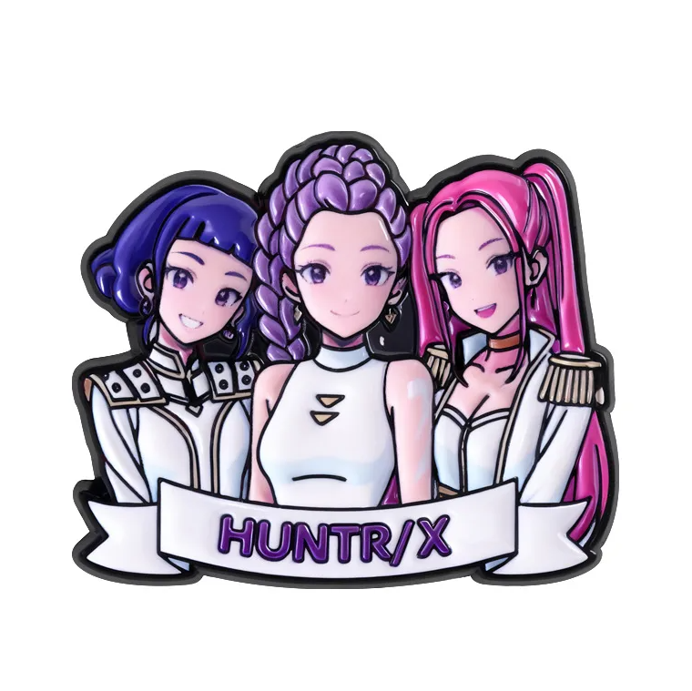 Three animated characters with different hairstyles and outfits, standing together with a banner displaying 'HUNTR/X'.