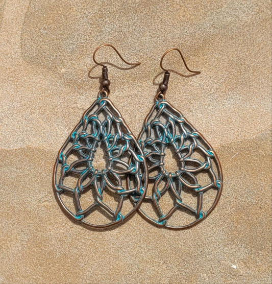 Native Bohemian Dream Catcher Net Antique Brass and Green Finish Teardrop Dangle Earring