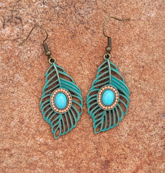 Bohemian Moroccan Hollow Feather Bead Inlay Brass Green Antique Finish Drop Earrings