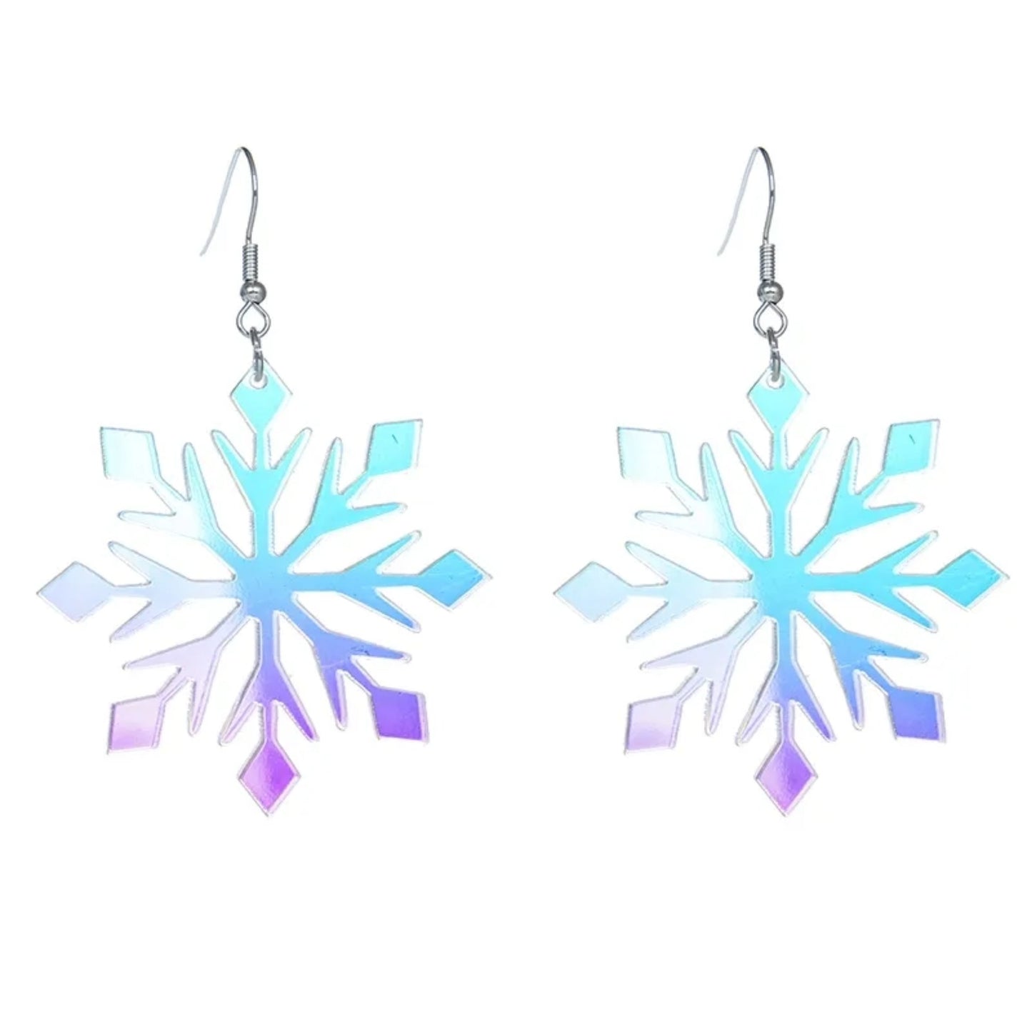 Snowflake-shaped earrings with a gradient of blue and purple on a white background