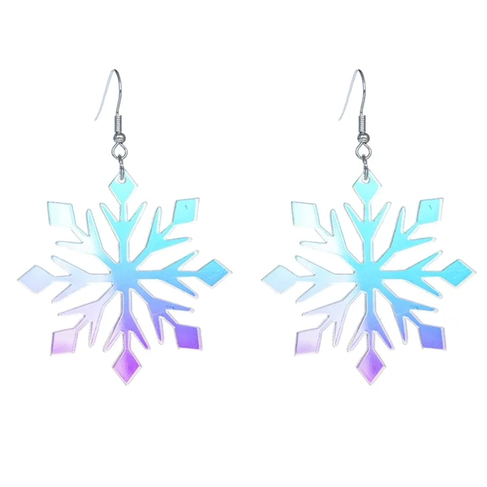 Snowflake-shaped earrings with a gradient of blue and purple on a white background