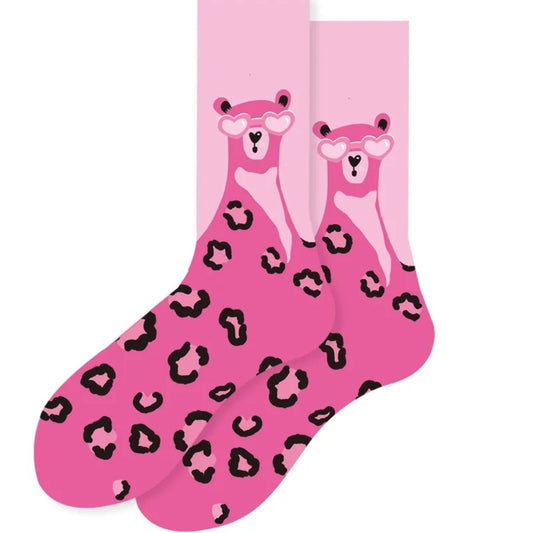 Hot Pink socks with black leopard print and bear design on a light pink background