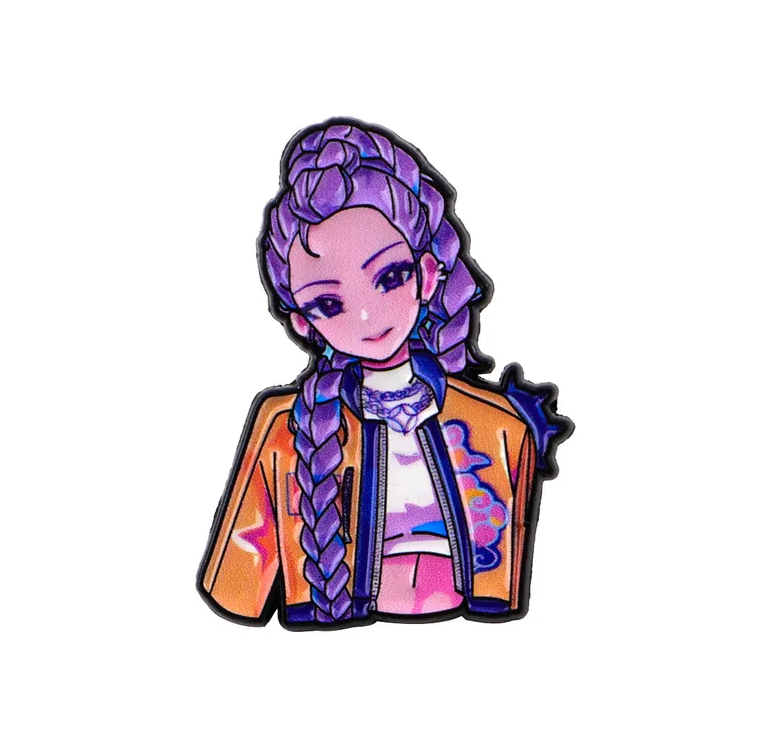Colorful enamel pin Rumi KPop Demond Hunters Movie character with braided hair on a white background