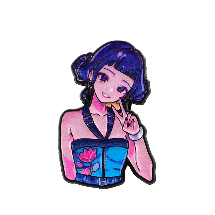Colorful enamel pin of an animated Zoey a Kpop Demon Hunter Movie character with blue hair and pink outfit on a white background