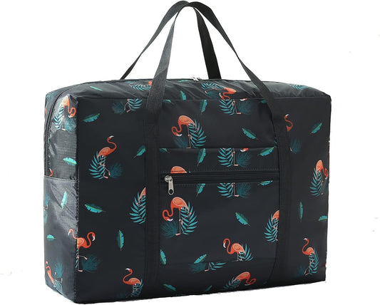 Large Waterproof Weekender Bag Foldable Black and Pink Flamingo Pattern