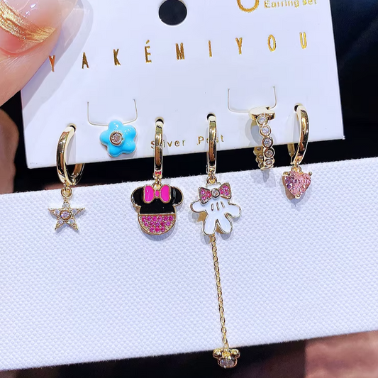 Earring Cartilage Piercing Set Gold Tone Dangle Rhinestone Minnie Character Icons