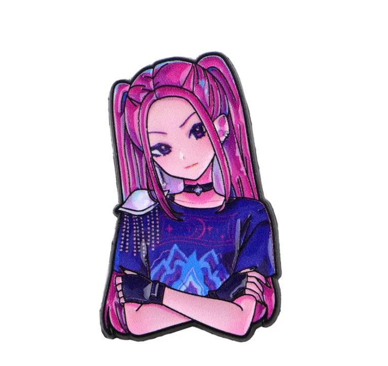 Stylized Mira Kpop Demond Hunter character with pink hair and a blue outfit on a white background