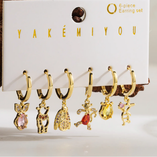 Pooh Bear Inspired Charm Earrings 6 Stackable Cartilage Hoops Gift for Her Cute