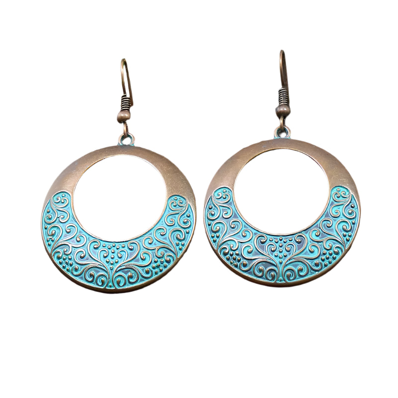 Moroccan Bohemian Antique Finish Cutout Circle Dangle Fishhook Earrings