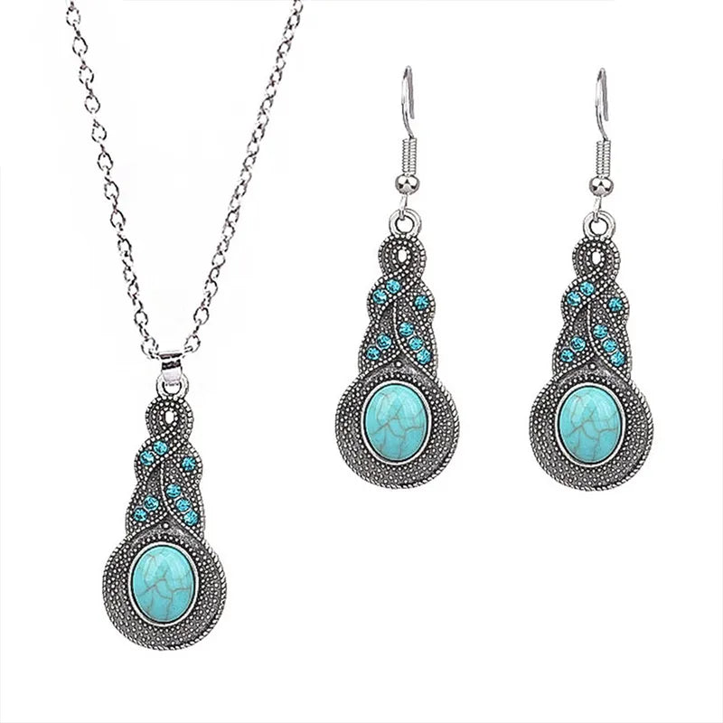 Moroccan Bohemian Style Textured Antique Silver Finish Turquoise Rhinestone Bead Inlay Dandle Earring and Necklace Set
