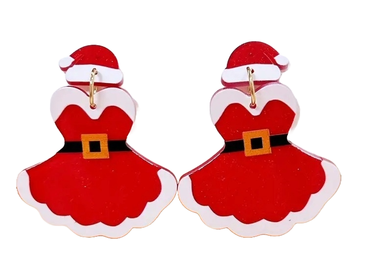 Santa Hat and Sexy Mrs. Claus Dress Red White Dangle Acrylic Earrings Christmas Gift 2023