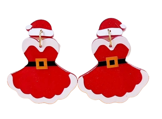 A pair of red and white acrylic earrings designed to resemble Santa hats with a Mrs. Claus dress, featuring gold accents and a belt buckle detail.