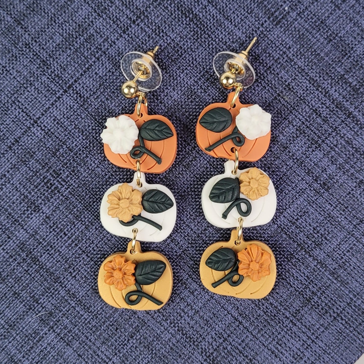 Harvest Pumpkins with Blossoms Dangle Earrings Handmade Polymer Clay