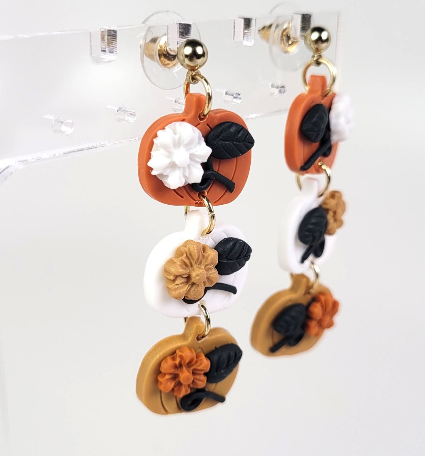 Harvest Pumpkins with Blossoms Dangle Earrings Handmade Polymer Clay