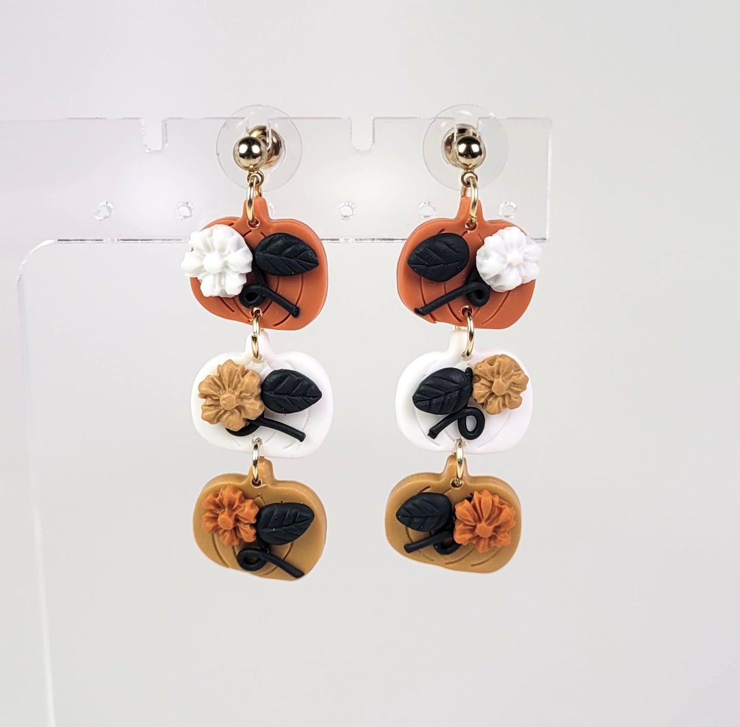 Harvest Pumpkins with Blossoms Dangle Earrings Handmade Polymer Clay