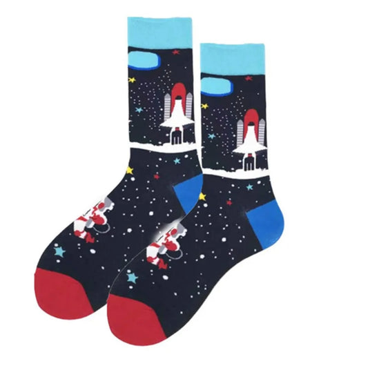 Pair of socks with space-themed design on a white background
