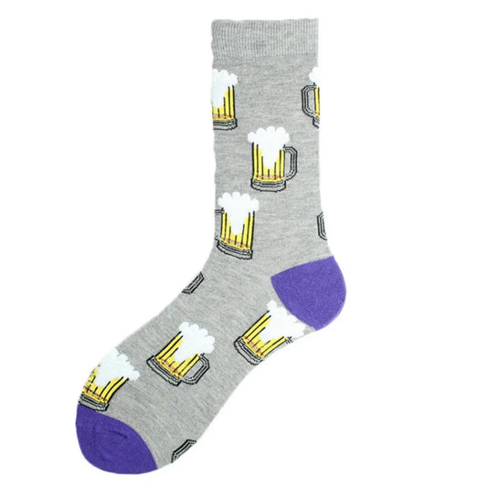Gray sock with beer mug pattern on a white background
