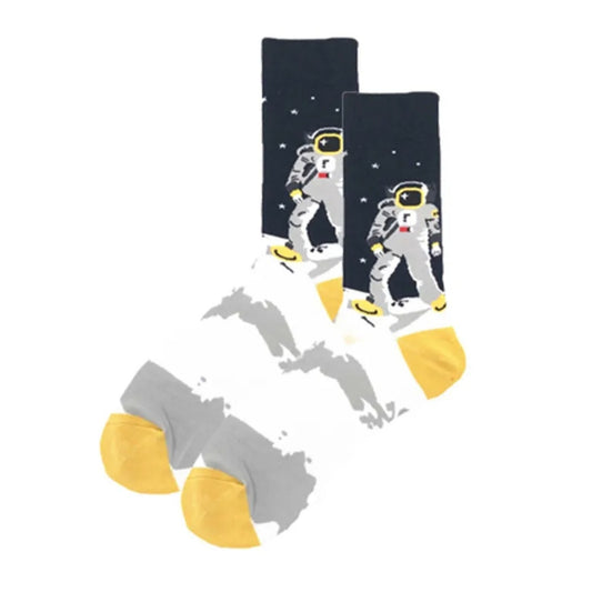 Pair of socks with astronaut design on a white background