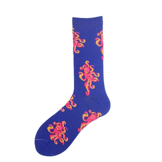 Blue sock with pink and yellow octopus pattern on a white background