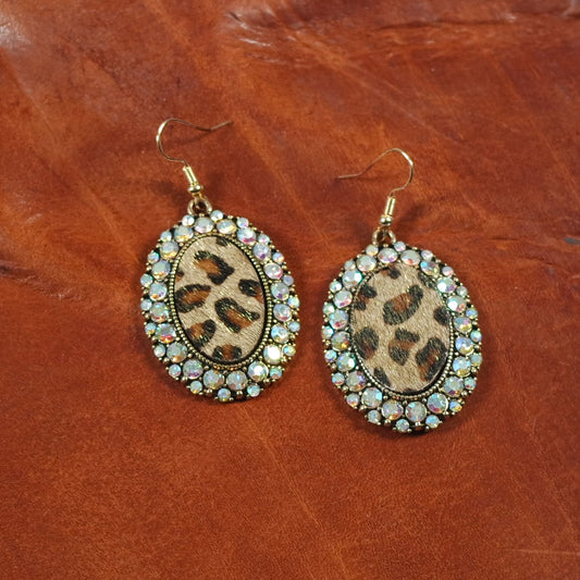 Cheetah Print and Rhinestone Oval Dangle Earrings | Antique Gold
