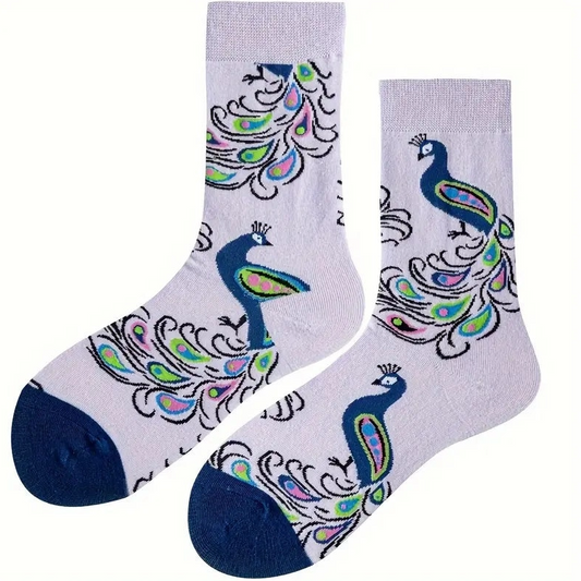 Pair of socks with purple peacock design on a light gray background