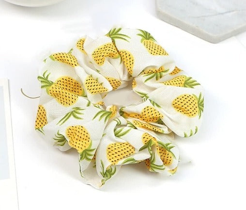 Pineapple Print Scrunchie Hair Tie White Yellow Green Fruit Pattern