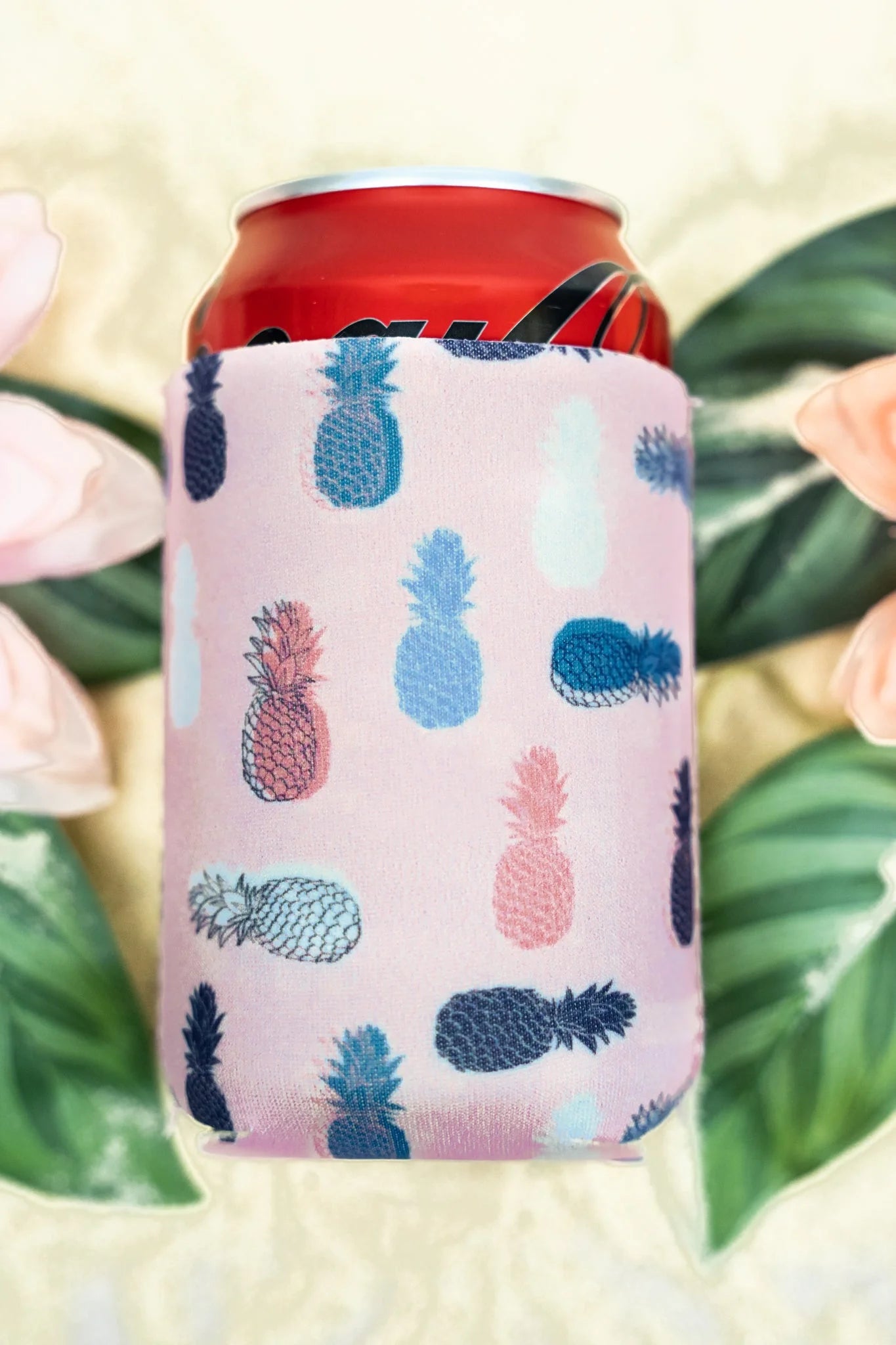 South Beach Miami Pineapple Short Can Beer Koozie Blue and Pink