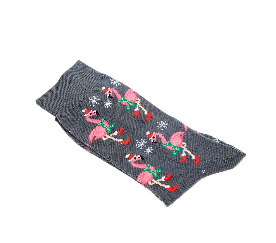 Gray sock with pink flamingo design on a white background