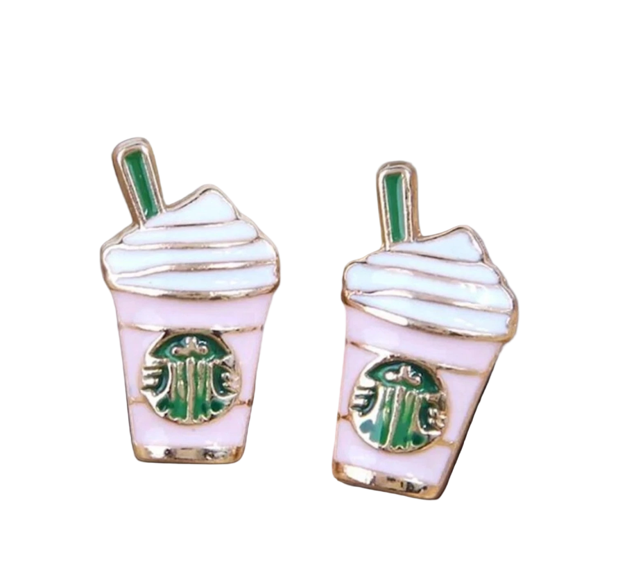 Starbucks cup-shaped earrings on a dark surface