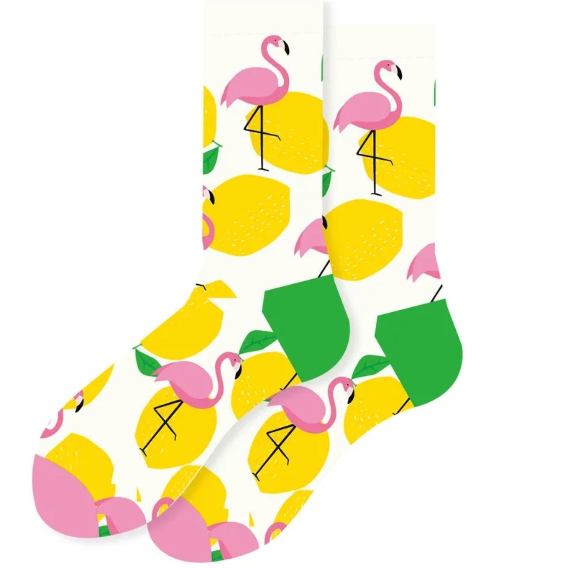 Socks with pink flamingo and yellow lemon pattern on a white background