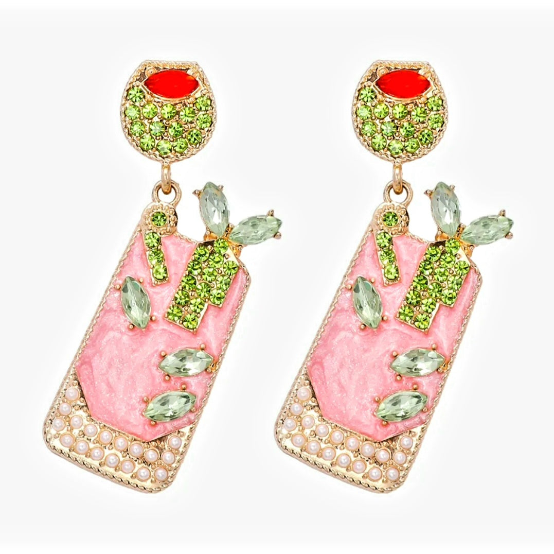 Bottoms Up! Bloody Mary Cocktail with Olive Rhinestone Stud Enamel Dangle Earrings Light Pink/Green