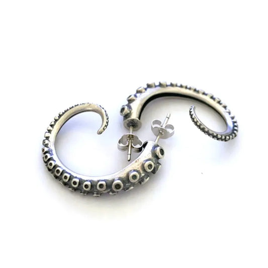 Octopus Sea Monster Tentacle Hoop Earrings Antique Silver