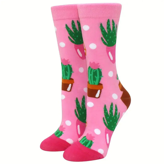 Plant Mom Vibe Succulent and Cactus Print Pink Green- Unique Novelty Socks for Her