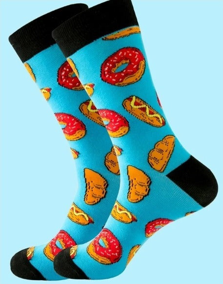 Fun Hot Dog and Donut Pattern Crew Socks Turquoise Pink Orange
