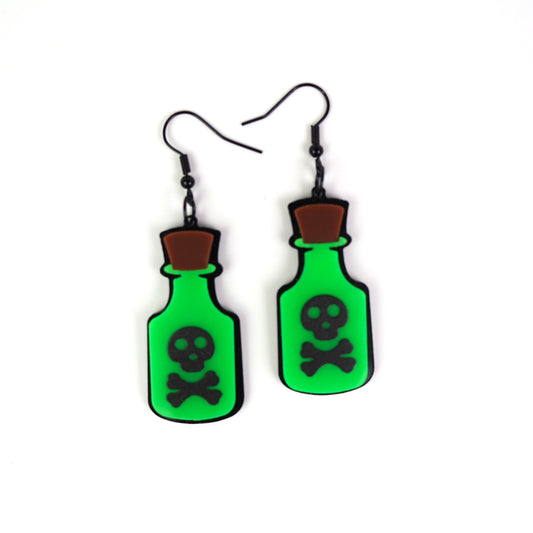 Poison Potion Skull and Crossbones Bright Green Earrings BLACK TONE HARDWARE