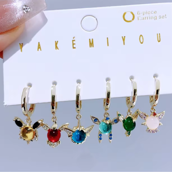 Mismatched Earring Cartilage Piercing Set Gold Tone Rhinestone Pokémon Character Icons