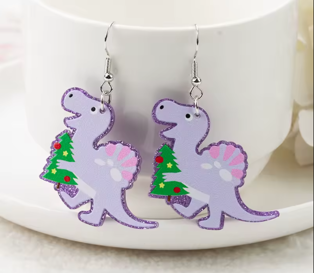 Festive Jolly Dinosaur Christmas Themed Dangle Earrings Glitter Purple