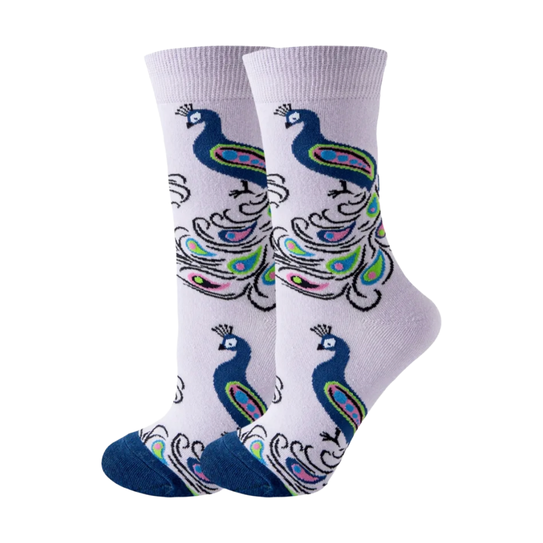 Purple Peacock Ladies Crew Socks Lavender Purple Neon Accents