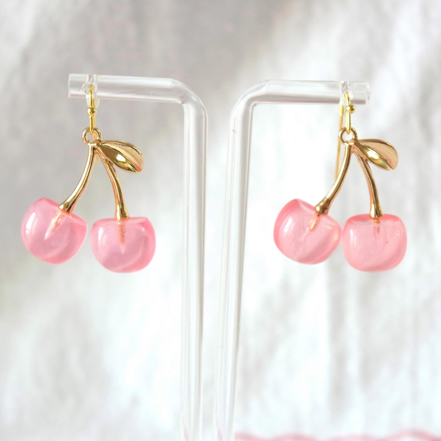Double Cherry Stem Pink Fruit with Gold Dangle Earrings