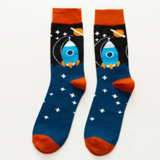Pair of socks with rocket design on a white background
