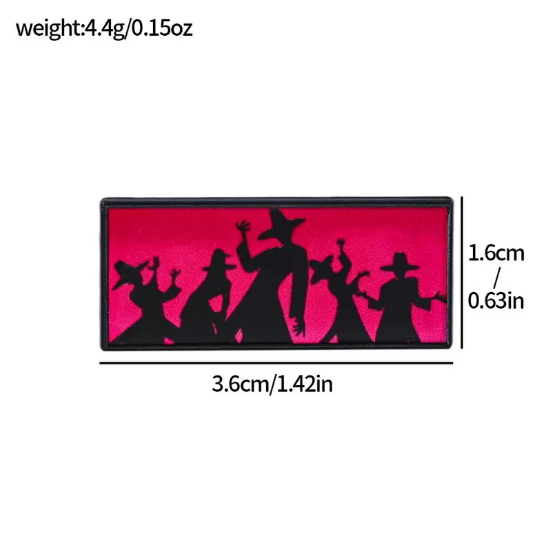 Silhouette patch of Saja Boys with hats on a red background, showing dimensions and weight.