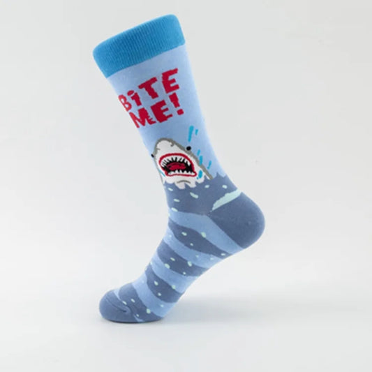 Shark-themed sock with 'Bite Me!' text on a light blue background