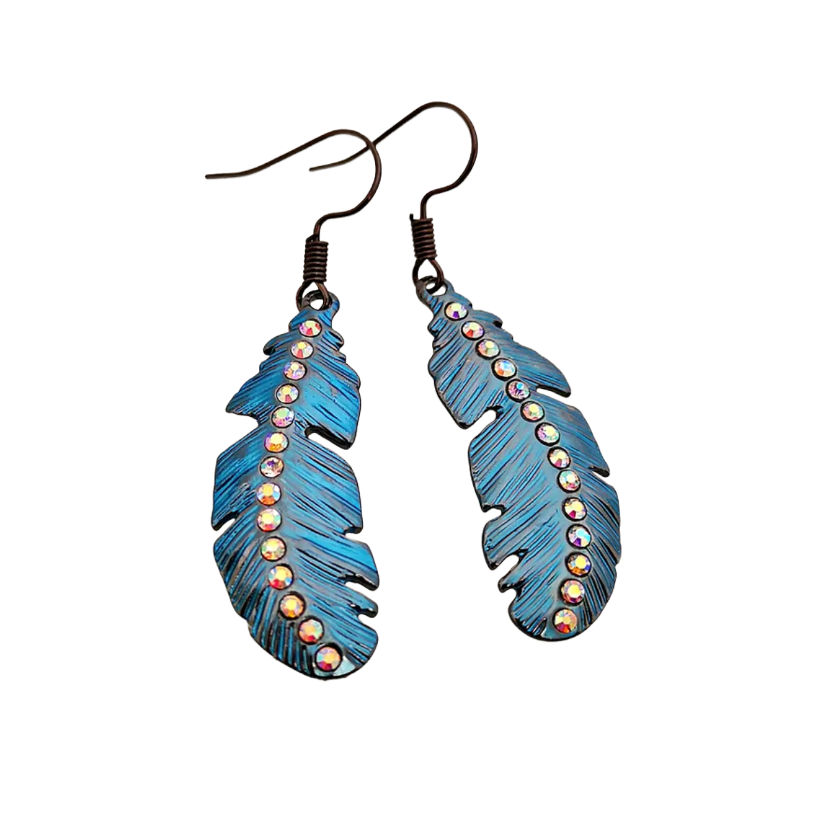 Blue Shimmer Feather with Rhinestone Accents Dangle Earrings