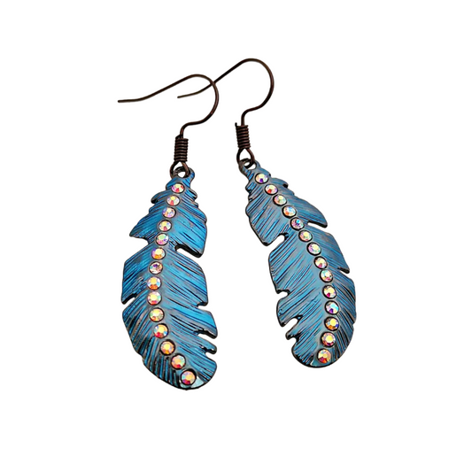 Blue Shimmer Feather with Rhinestone Accents Dangle Earrings