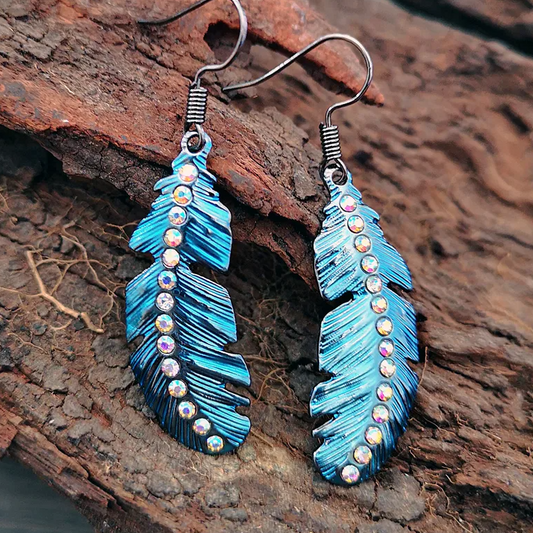 Blue Shimmer Feather with Rhinestone Accents Dangle Earrings