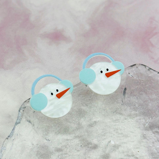 Snowman earrings with blue earmuffs on a textured pink and gray background