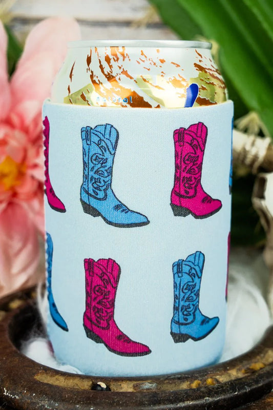 Nash-Vegas Cowgirl Boots Short Can Beer Koozie Blue and Pink