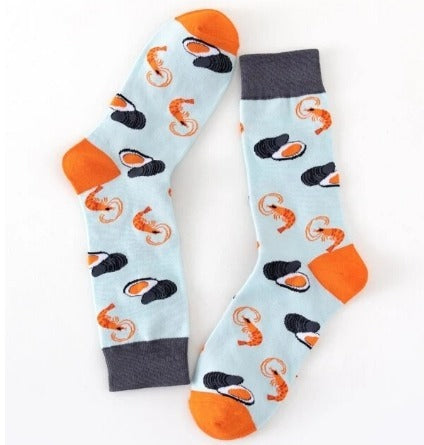 Silly Shrimp and Mussel Patterned Crew Socks Light Blue Orange Heel