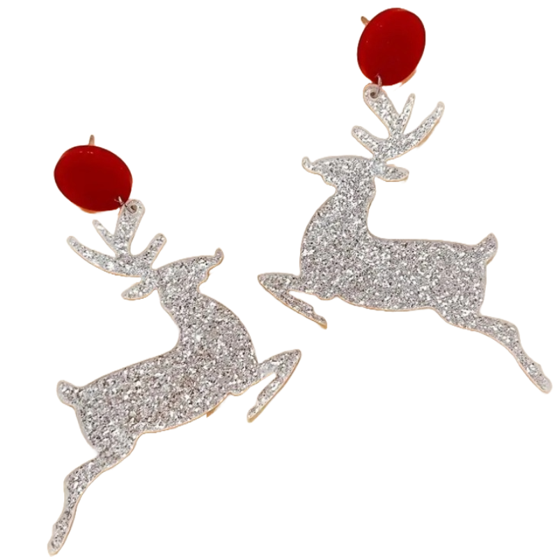 Silver glitter reindeer earrings with red berries on a white background