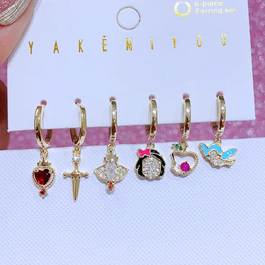 Earring Cartilage Piercing Set Gold Tone Dangle Rhinestone Snow White Character Icons
